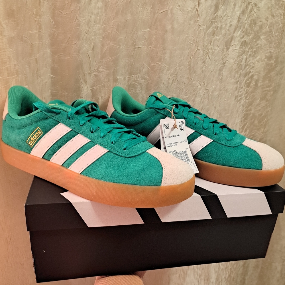 Adidas Green and White Suede Sneakers